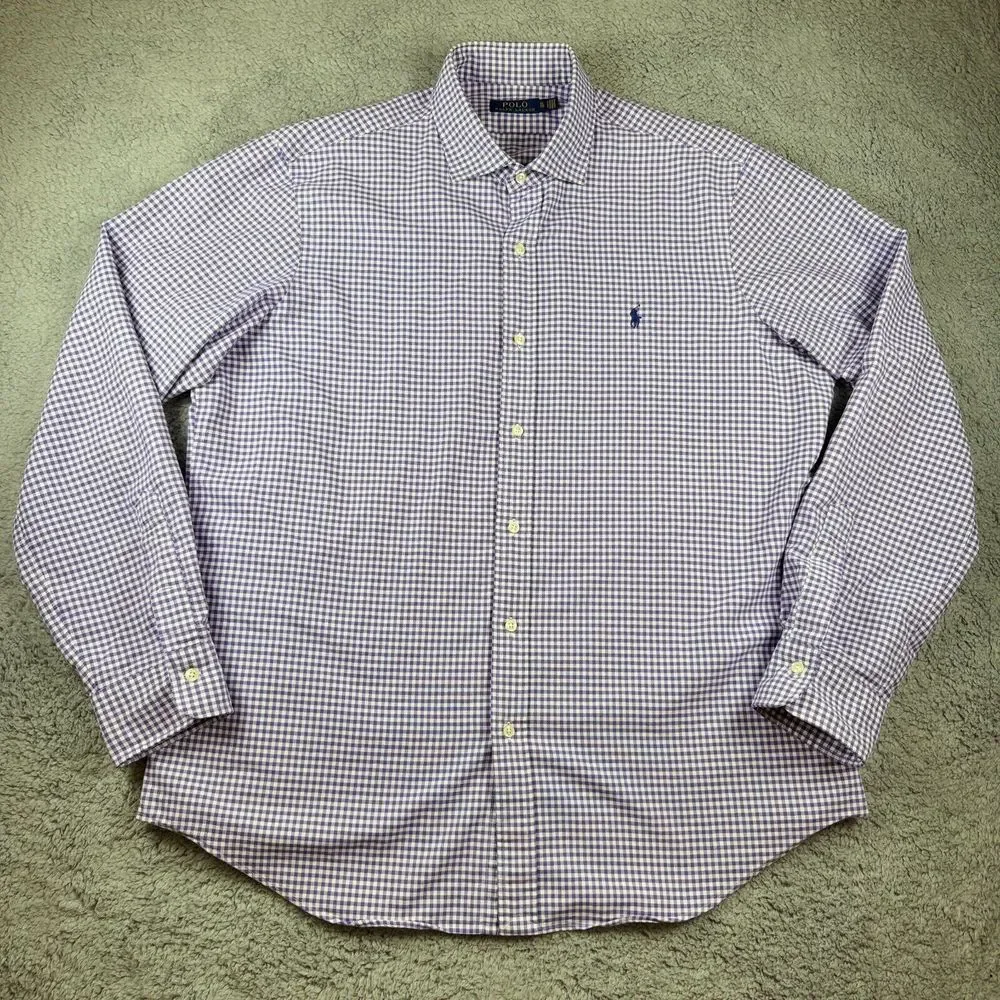 Polo Ralph Lauren Stretch 100% Cotton Purple Gingham Check Shirt XL Button Down